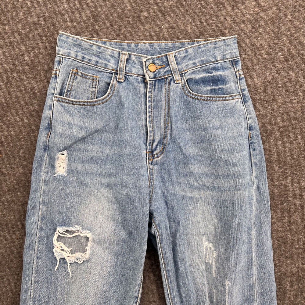 SHEIN Womens High Waisted Distressed Mom Jeans Light Wash Blue Ripped XS Crop - Picture 3 of 14